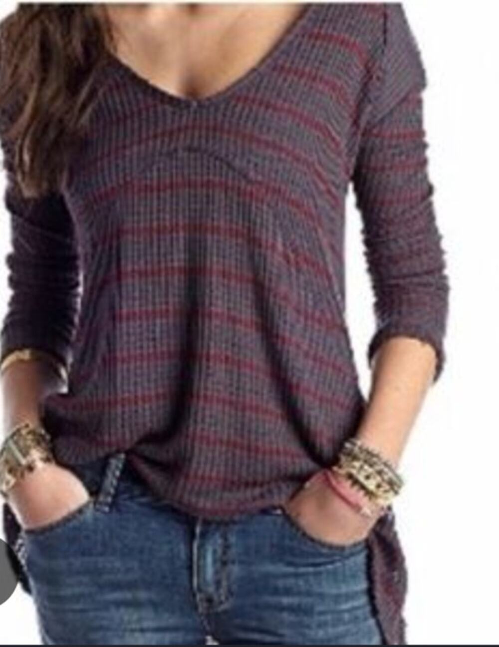 Free People Waffle Thermal Long Sleeve Tunic Purple Stripe LARGE